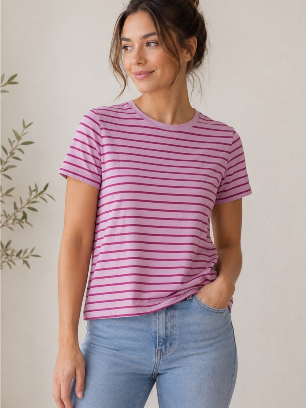 Pact Organic Cotton Stripe Tee Pink Purple Boxy Fit Small